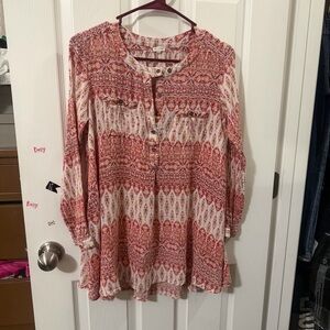 En Creme Women's Boho Floral Peasant Blouse Size Small Pink Long Sleeve‎